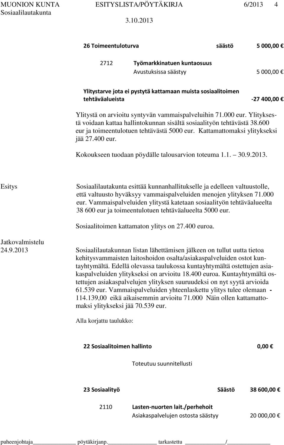 600 eur ja toimeentulotuen tehtävästä 5000 eur. Kattamattomaksi ylitykseksi jää 27.400 eur. Kokoukseen tuodaan pöydälle talousarvion toteuma 1.1. 30.9.2013.