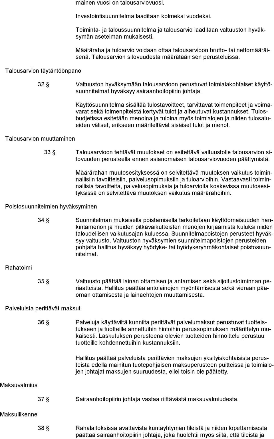 Talousarvion sitovuudesta määrätään sen perusteluissa. 32 Valtuuston hyväksymään talousarvioon perustuvat toimialakohtaiset käyttösuunnitelmat hyväksyy sairaanhoitopiirin johtaja.