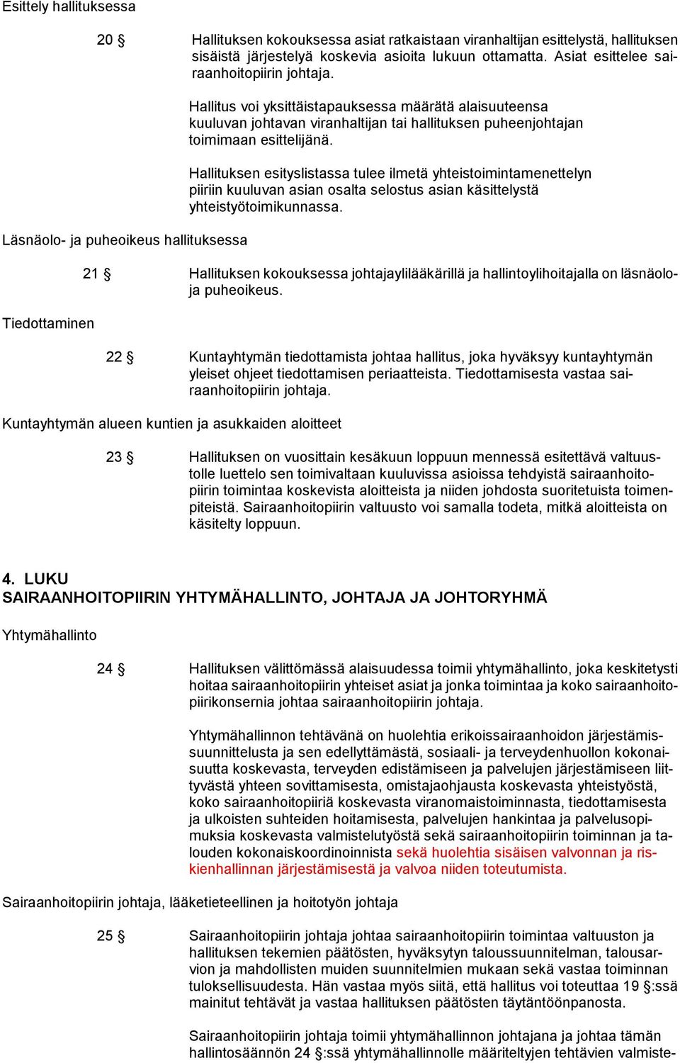 Läsnäolo- ja puheoikeus hallituksessa Tiedottaminen Hallitus voi yksittäistapauksessa määrätä alaisuuteensa kuuluvan johtavan viranhaltijan tai hallituksen puheenjohtajan toimimaan esittelijänä.