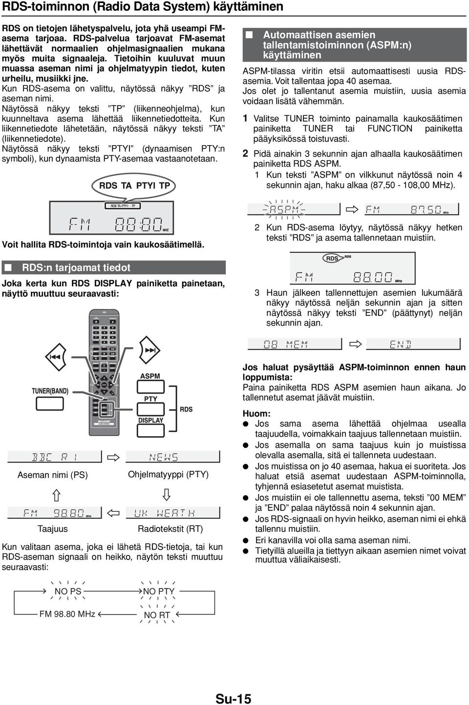 Kun RDS-asema on valittu, näytössä näkyy RDS ja aseman nimi. Näytössä näkyy teksti TP (liikenneohjelma), kun kuunneltava asema lähettää liikennetiedotteita.