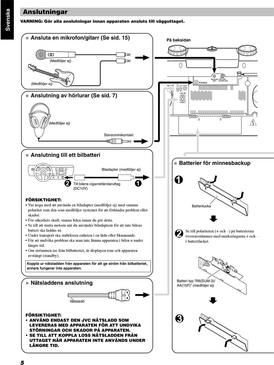 7) (Medföljer ej) Stereominikontakt Anslutning till ett bilbatteri Biladapter (medföljer ej) Batterier för minnesbackup Till bilens cigarrettändaruttag (DC12V) FÖRSIKTIGHET: Var noga med att använda