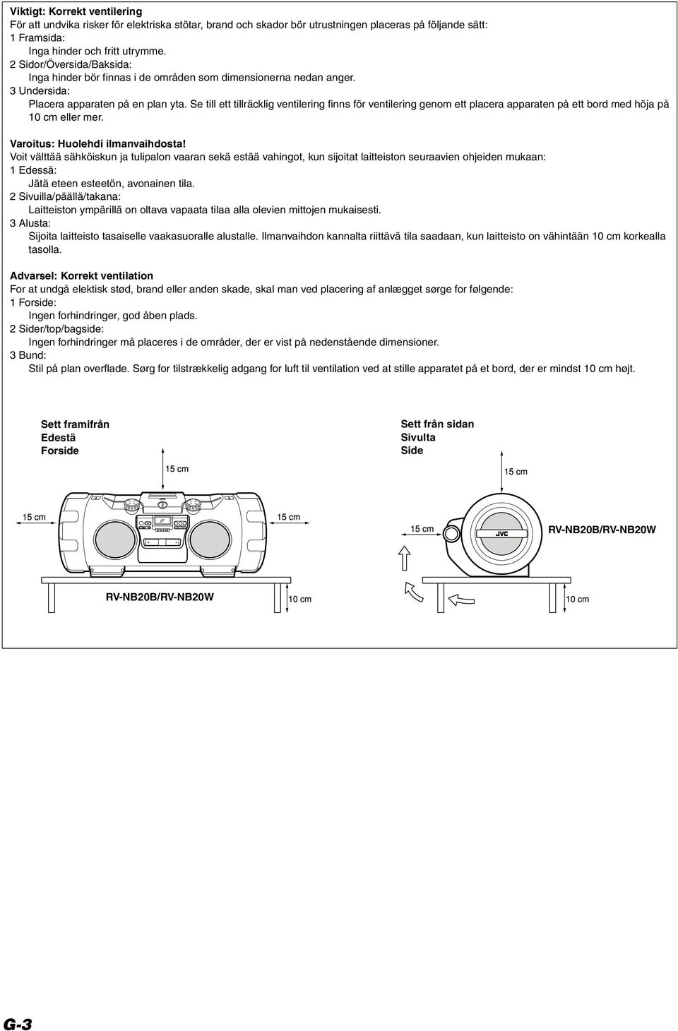 Se till ett tillräcklig ventilering finns för ventilering genom ett placera apparaten på ett bord med höja på 10 cm eller mer. Varoitus: Huolehdi ilmanvaihdosta!