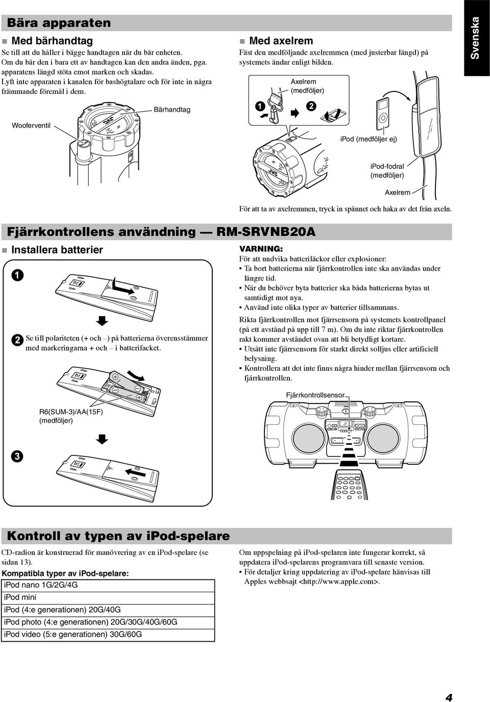 Axelrem (medföljer) Svenska Wooferventil Bärhandtag ipod (medföljer ej) ipod-fodral (medföljer) Axelrem För att ta av axelremmen, tryck in spännet och haka av det från axeln.