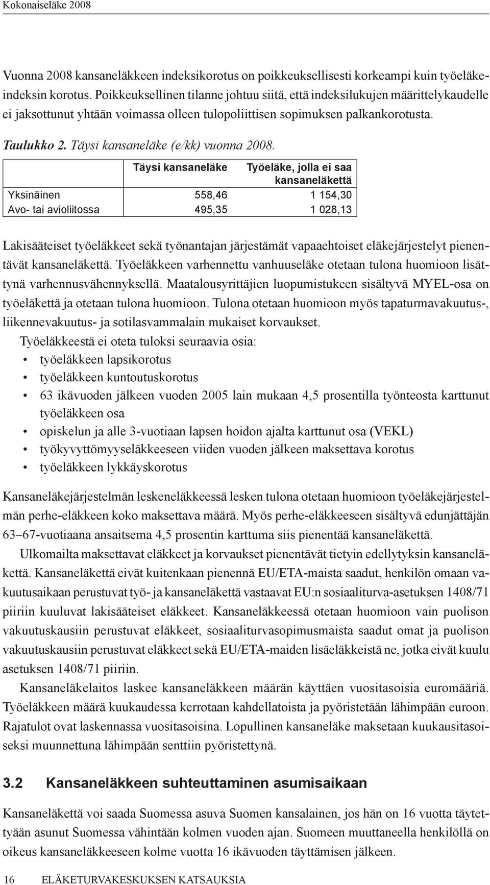 Täysi kansaneläke (e/kk) vuonna 2008.