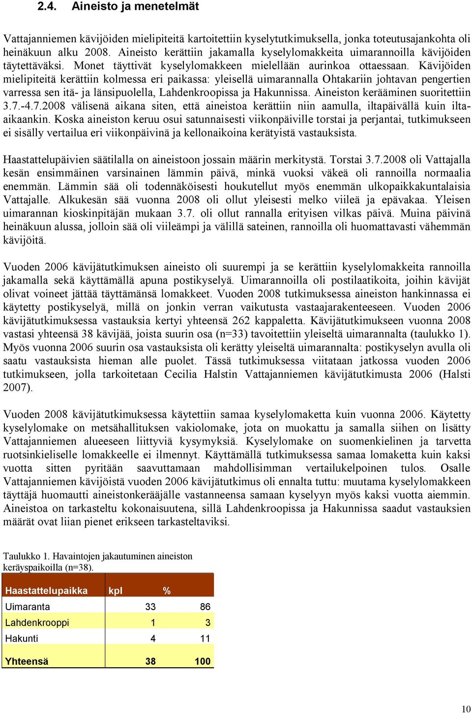 Kävijöiden mielipiteitä kerättiin kolmessa eri paikassa: yleisellä uimarannalla Ohtakariin johtavan pengertien varressa sen itä- ja länsipuolella, Lahdenkroopissa ja Hakunnissa.