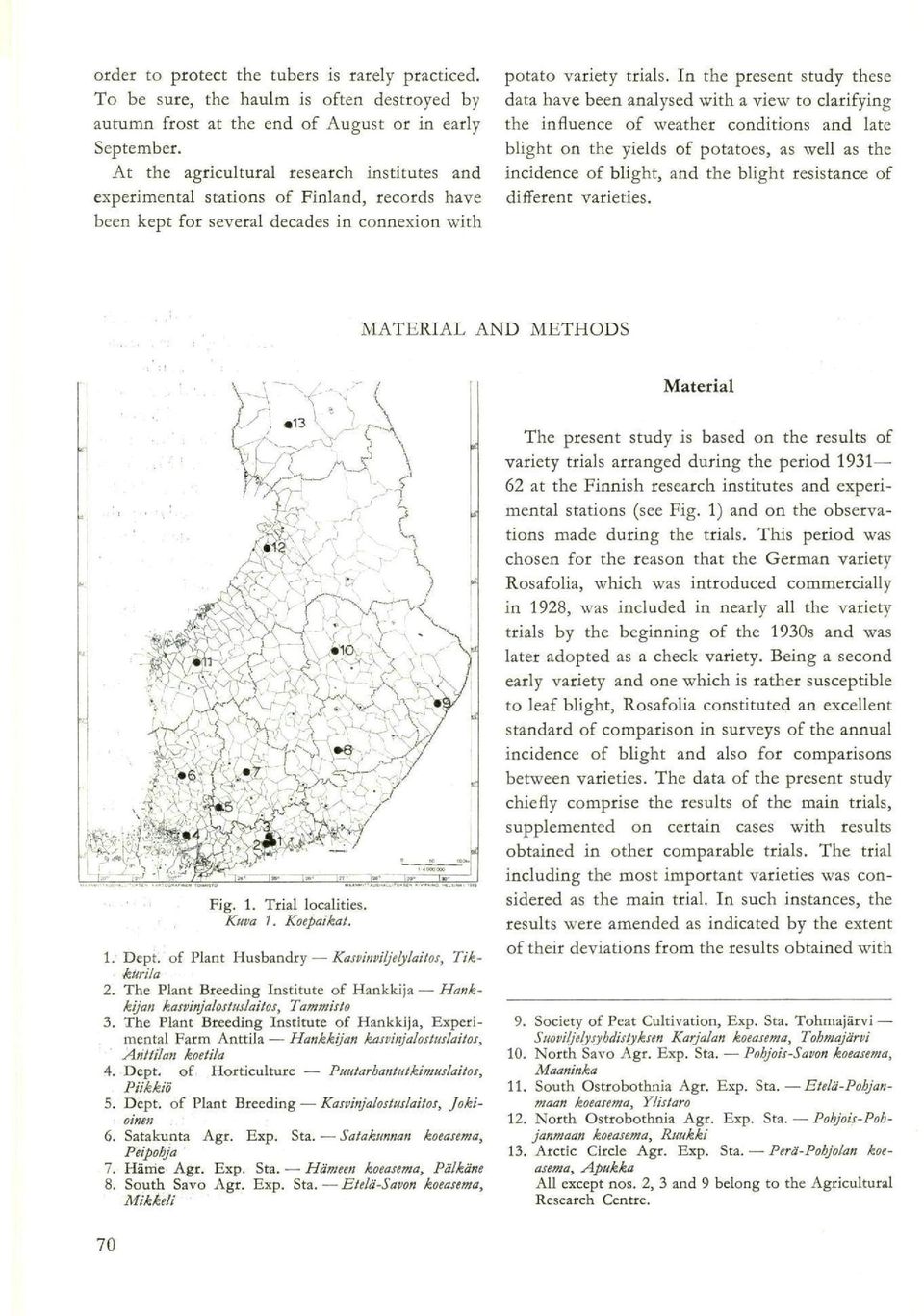 In the present study these data have been analysed with a view to clarifying the influence of weather conditions and late blight on the yields of potatoes, as well as the incidence of blight, and the