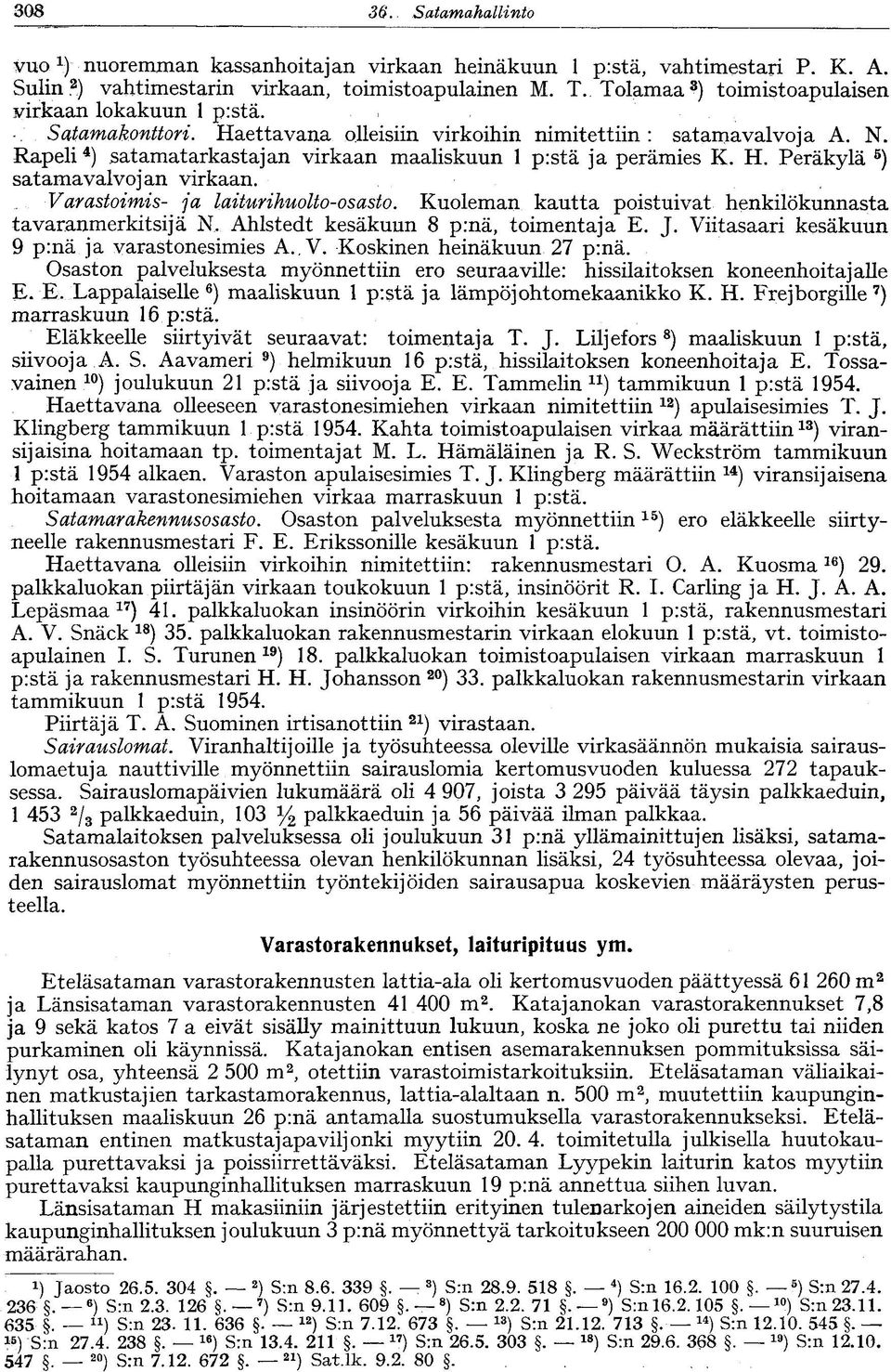 Rapeli 4 ) satamatarkastajan virkaan maaliskuun 1 pistä ja perämies K. H. Peräkylä 5 ) satamavalvojan virkaan. Varastoimis- ja laiturihuolto-osasto.