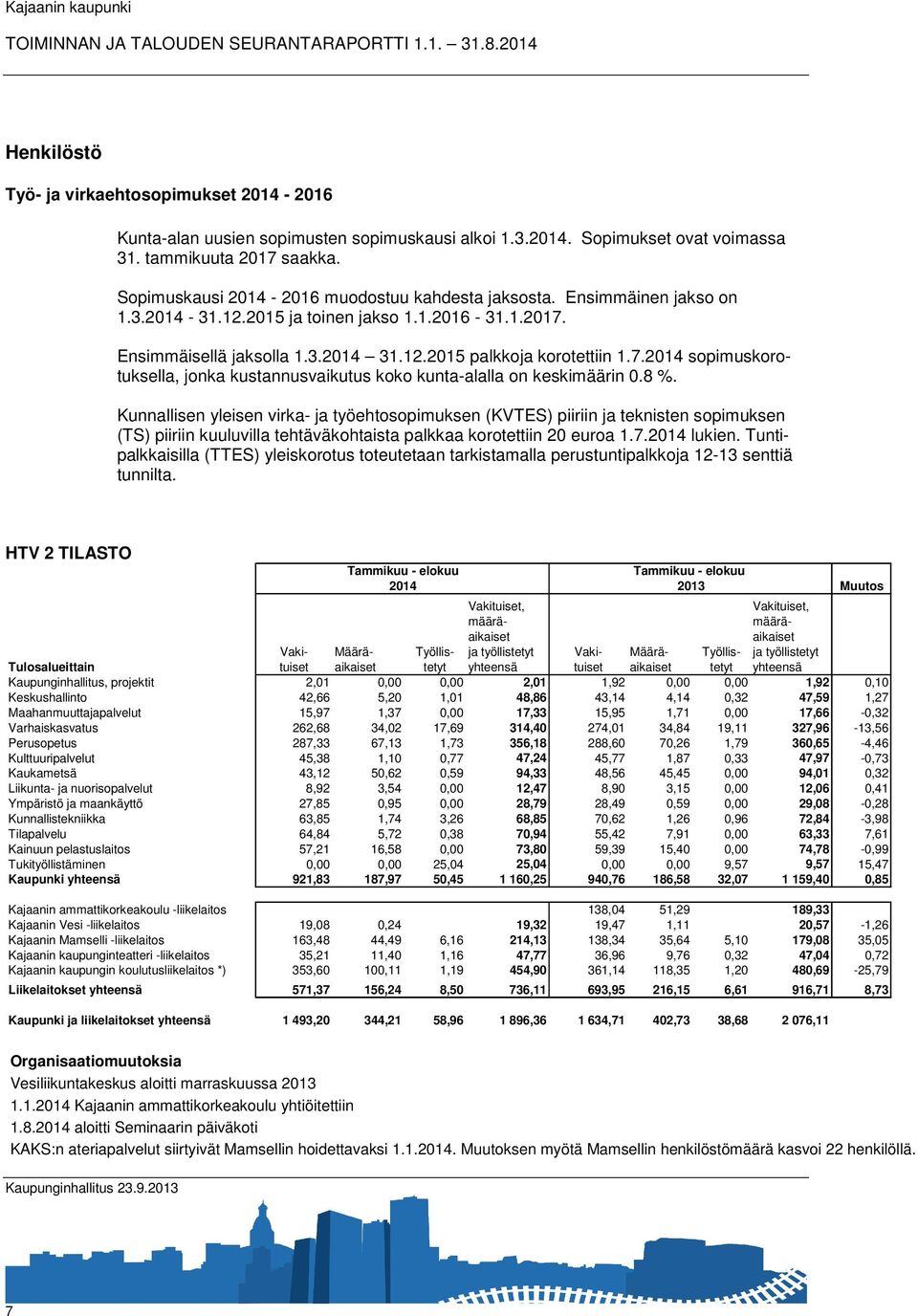 Ensimmäisellä jaksolla 1.3.2014 31.12.2015 palkkoja korotettiin 1.7.2014 sopimuskorotuksella, jonka kustannusvaikutus koko kunta-alalla on keskimäärin 0.8 %.