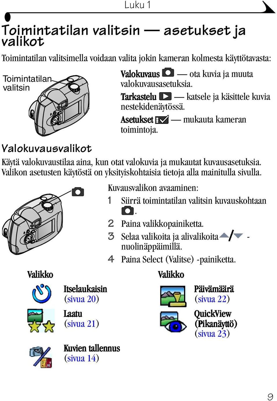 Valokuvausvalikot Käytä valokuvaustilaa aina, kun otat valokuvia ja mukautat kuvausasetuksia. Valikon asetusten käytöstä on yksityiskohtaisia tietoja alla mainitulla sivulla.