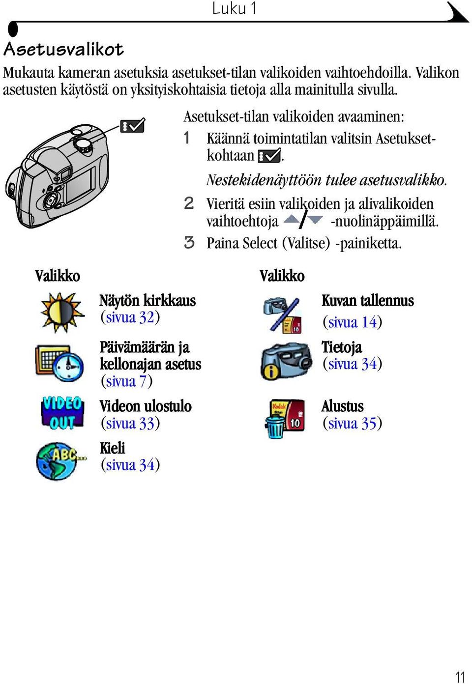 Asetukset-tilan valikoiden avaaminen: 1 Käännä toimintatilan valitsin Asetuksetkohtaan. Nestekidenäyttöön tulee asetusvalikko.