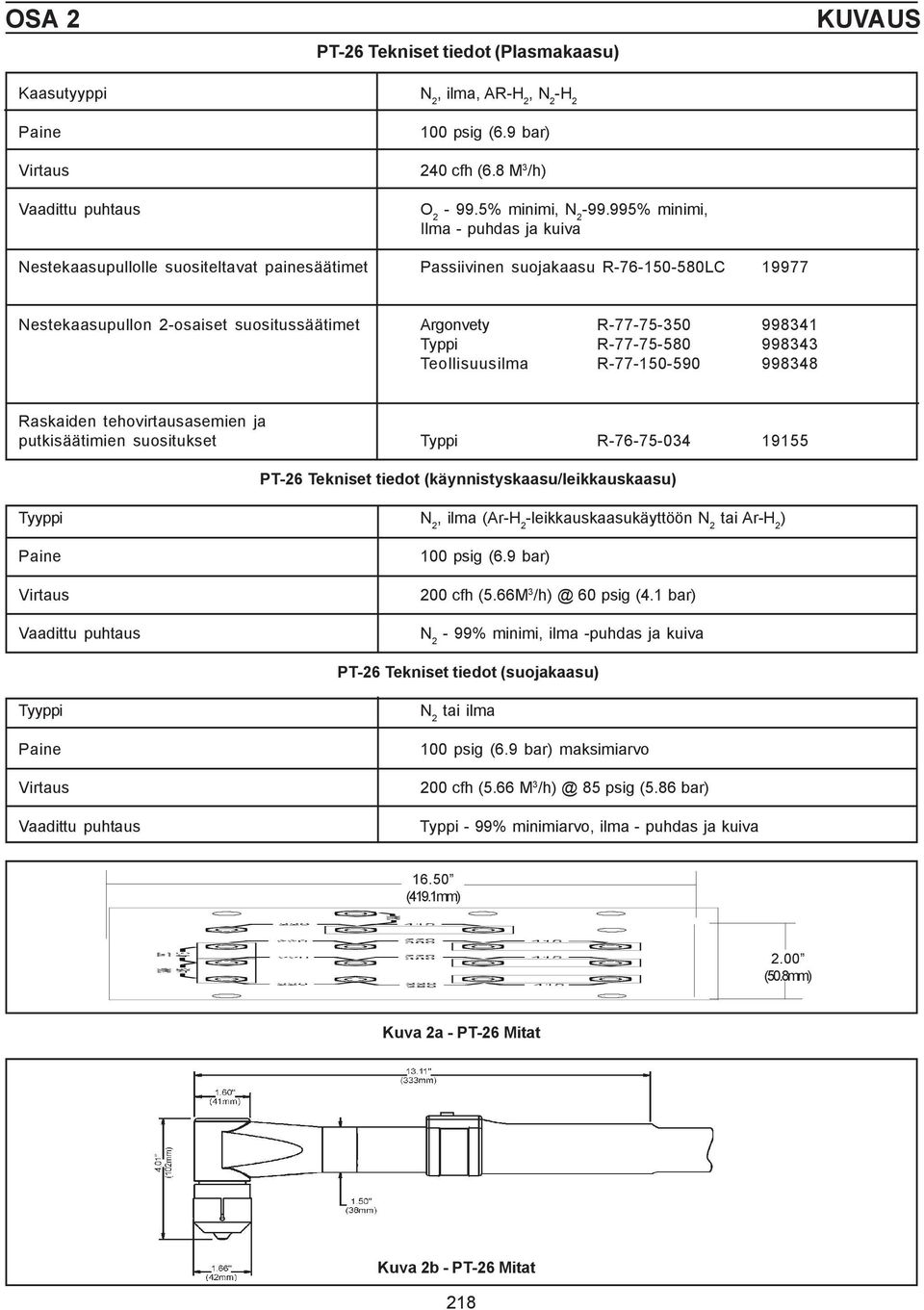 Typpi R-77-75-580 998343 Teollisuusilma R-77-150-590 998348 Raskaiden tehovirtausasemien ja putkisäätimien suositukset Typpi R-76-75-034 19155 PT-26 Tekniset tiedot (käynnistyskaasu/leikkauskaasu)