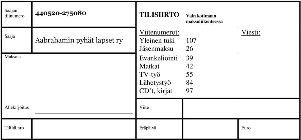 Viitenumerot: Yleinen tuki Jäsenmaksu Evankeliointi Matkat TV-työ