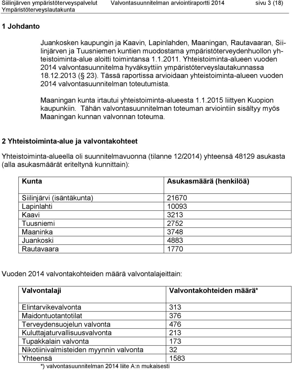 Yhteistoiminta-alueen vuoden 2014 valvontasuunnitelma hyväksyttiin ympäristöterveyslautakunnassa 18.12.2013 ( 23).