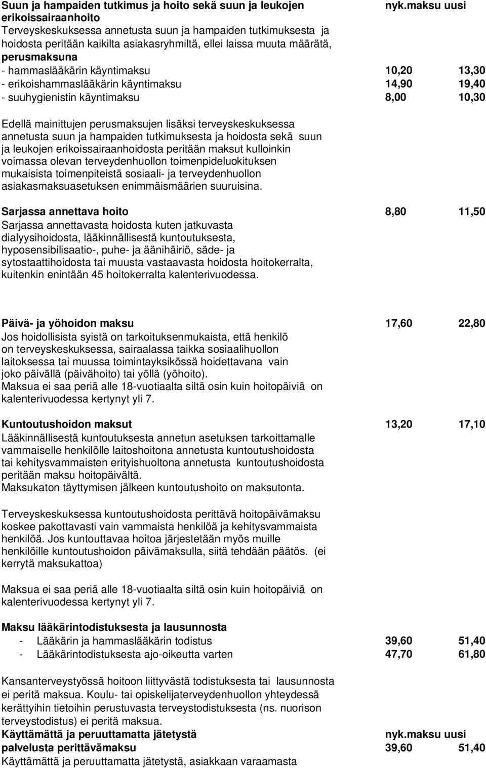 terveyskeskuksessa annetusta suun ja hampaiden tutkimuksesta ja hoidosta sekä suun ja leukojen erikoissairaanhoidosta peritään maksut kulloinkin voimassa olevan terveydenhuollon toimenpideluokituksen