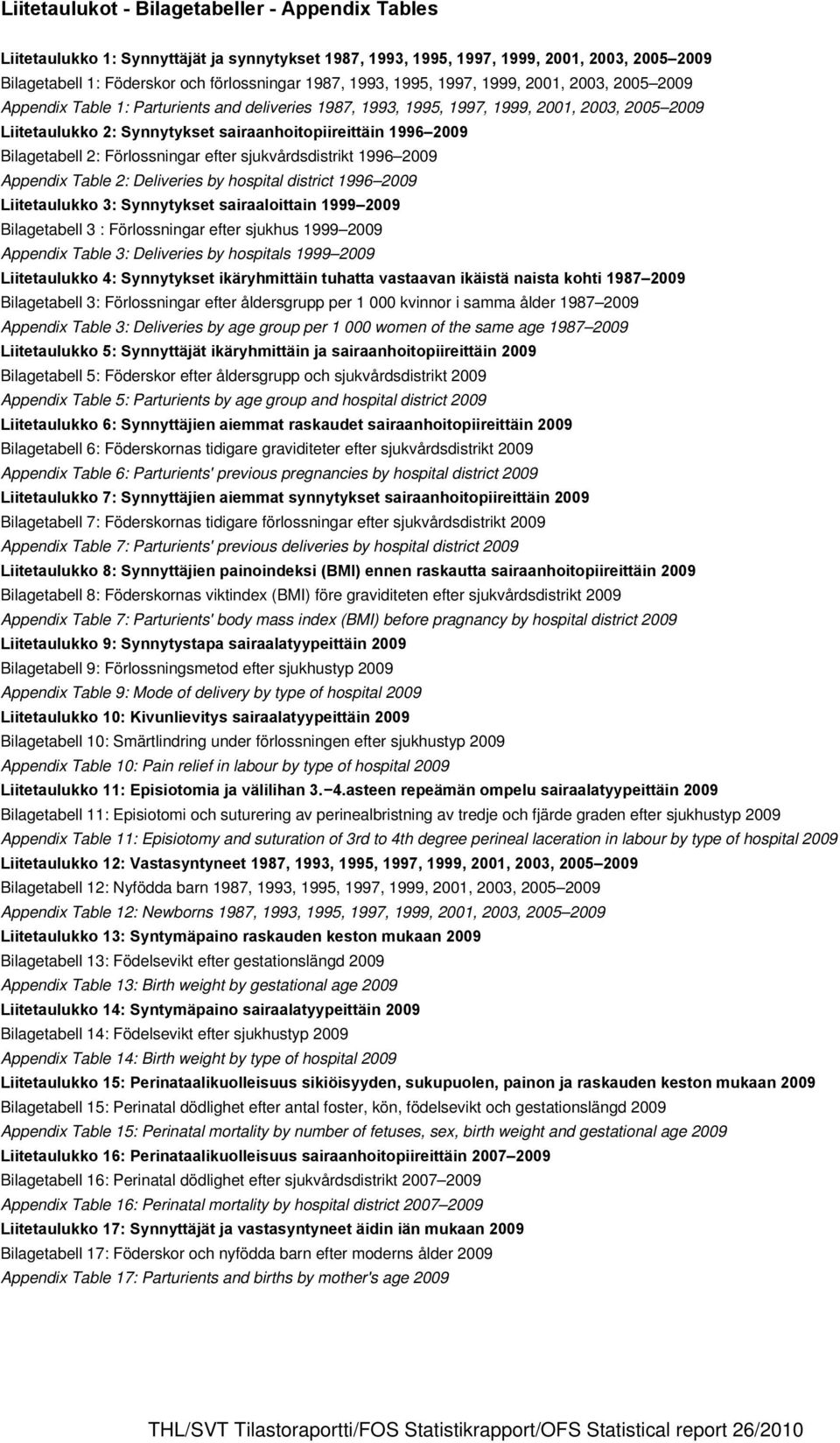 1996 2009 Bilagetabell 2: Förlossningar efter sjukvårdsdistrikt 1996 2009 Appendix Table 2: Deliveries by hospital district 1996 2009 Liitetaulukko 3: Synnytykset sairaaloittain 1999 2009