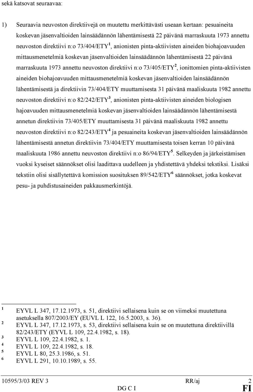 annettu neuvoston direktiivi n:o 73/405/ETY 2, ionittomien pinta-aktiivisten aineiden biohajoavuuden mittausmenetelmiä koskevan jäsenvaltioiden lainsäädännön lähentämisestä ja direktiivin 73/404/ETY