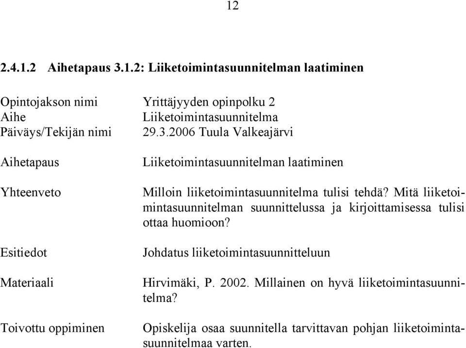 Johdatus liiketoimintasuunnitteluun Hirvimäki, P. 2002.