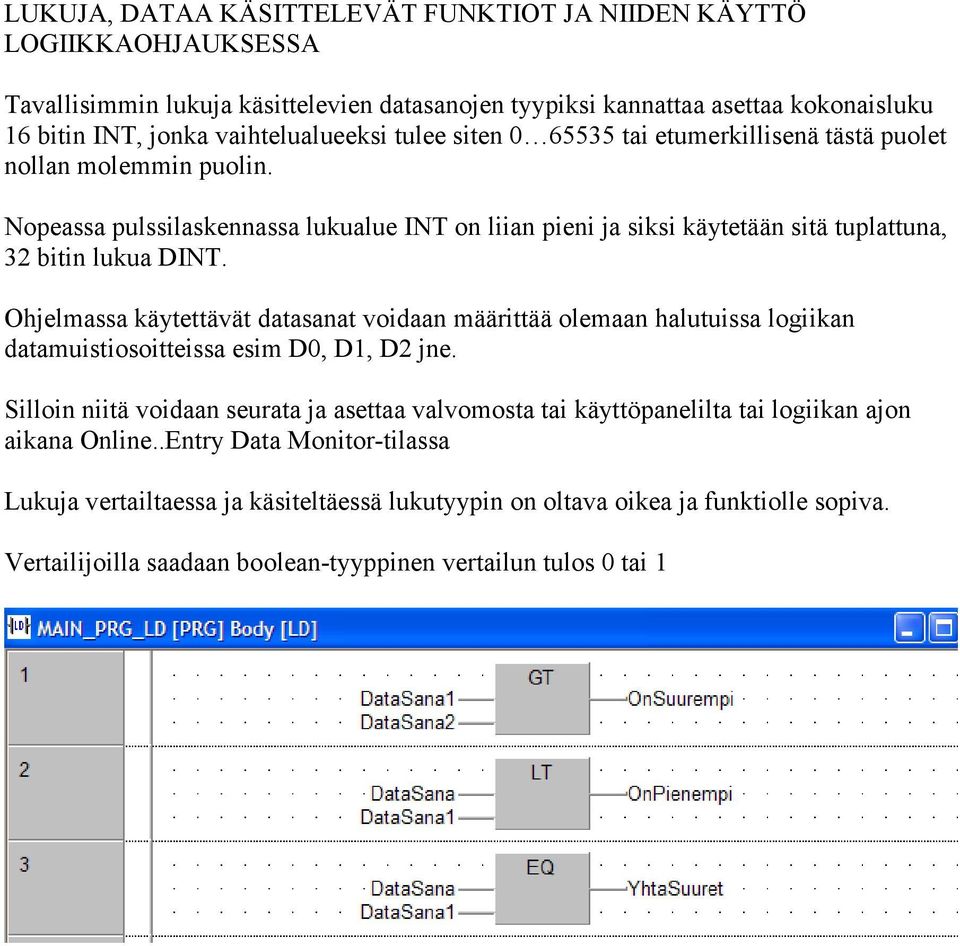 Ohjelmassa käytettävät datasanat voidaan määrittää olemaan halutuissa logiikan datamuistiosoitteissa esim D0, D1, D2 jne.
