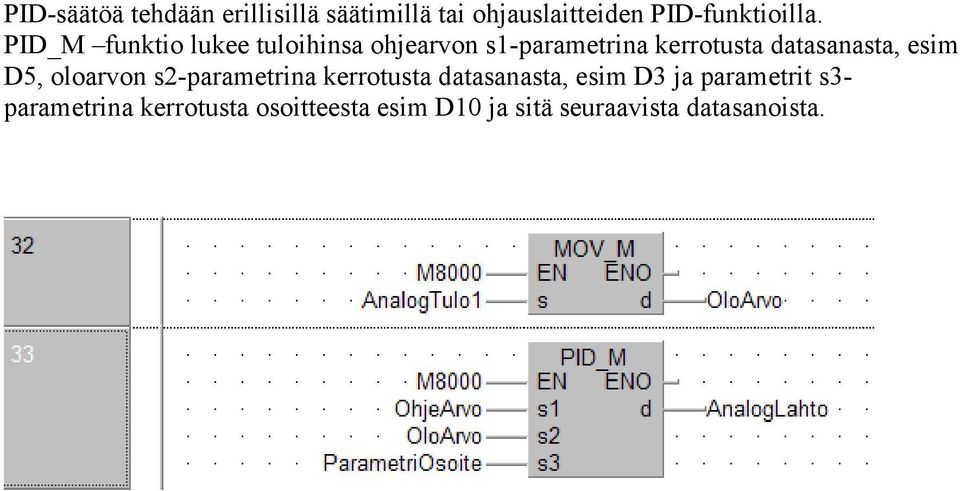 esim D5, oloarvon s2-parametrina kerrotusta datasanasta, esim D3 ja parametrit