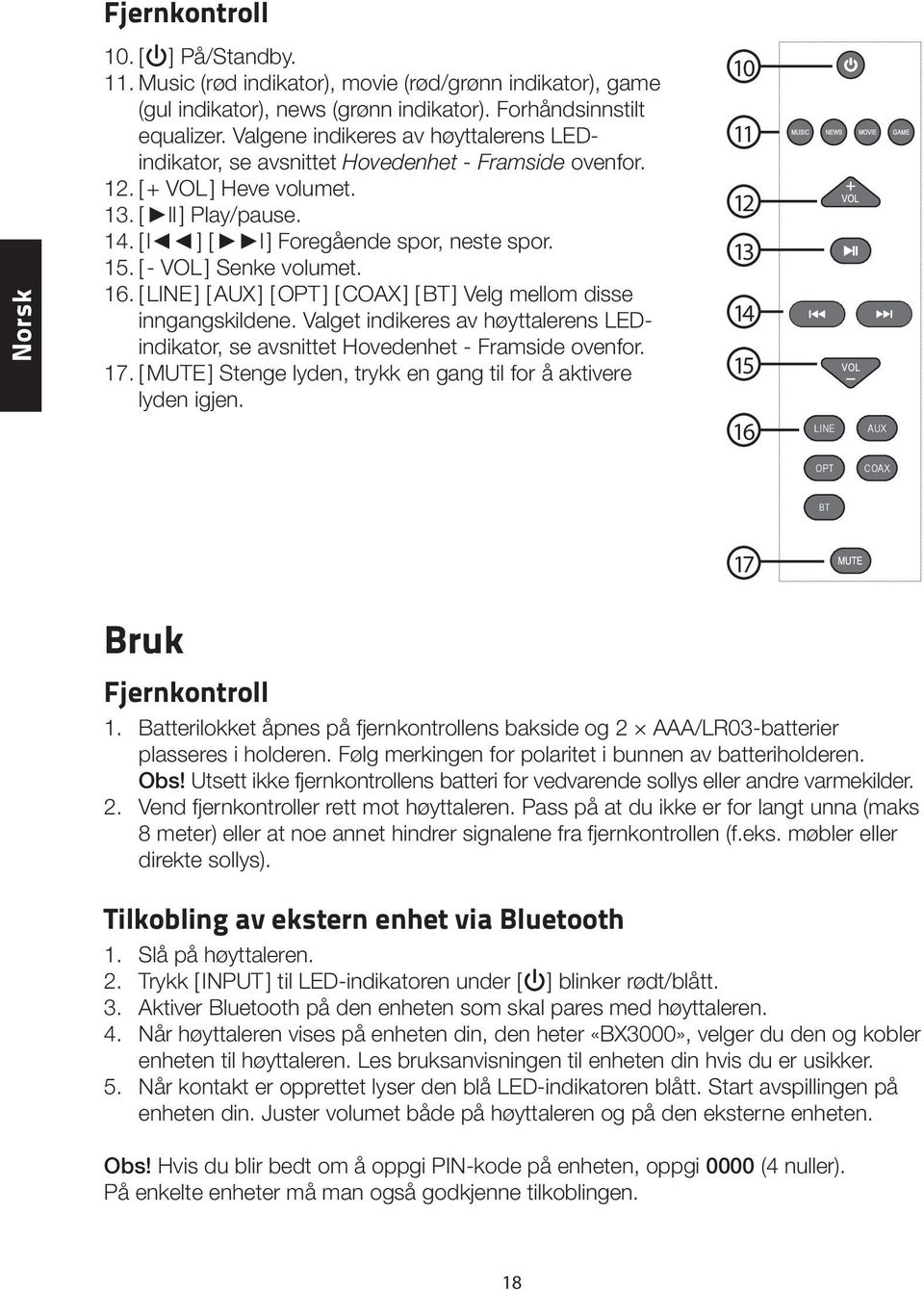 [ - VOL ] Senke volumet. 16. [ LINE ] [ AUX ] [ OPT ] [ COAX ] [ BT ] Velg mellom disse inngangskildene. Valget indikeres av høyttalerens LEDindikator, se avsnittet Hovedenhet - Framside ovenfor. 17.