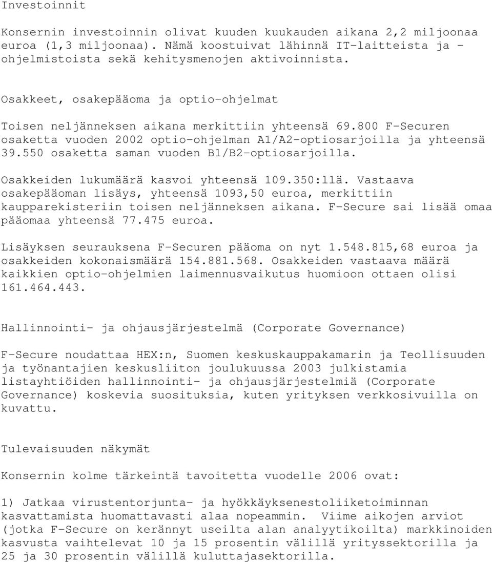 550 osaketta saman vuoden B1/B2-optiosarjoilla. Osakkeiden lukumäärä kasvoi yhteensä 109.350:llä.