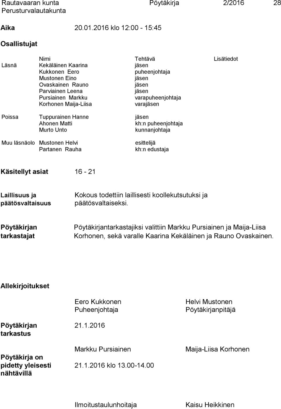 2016 klo 12:00-15:45 Osallistujat Nimi Tehtävä Lisätiedot Läsnä Kekäläinen Kaarina jäsen Kukkonen Eero puheenjohtaja Mustonen Eino jäsen Ovaskainen Rauno jäsen Parviainen Leena jäsen Pursiainen