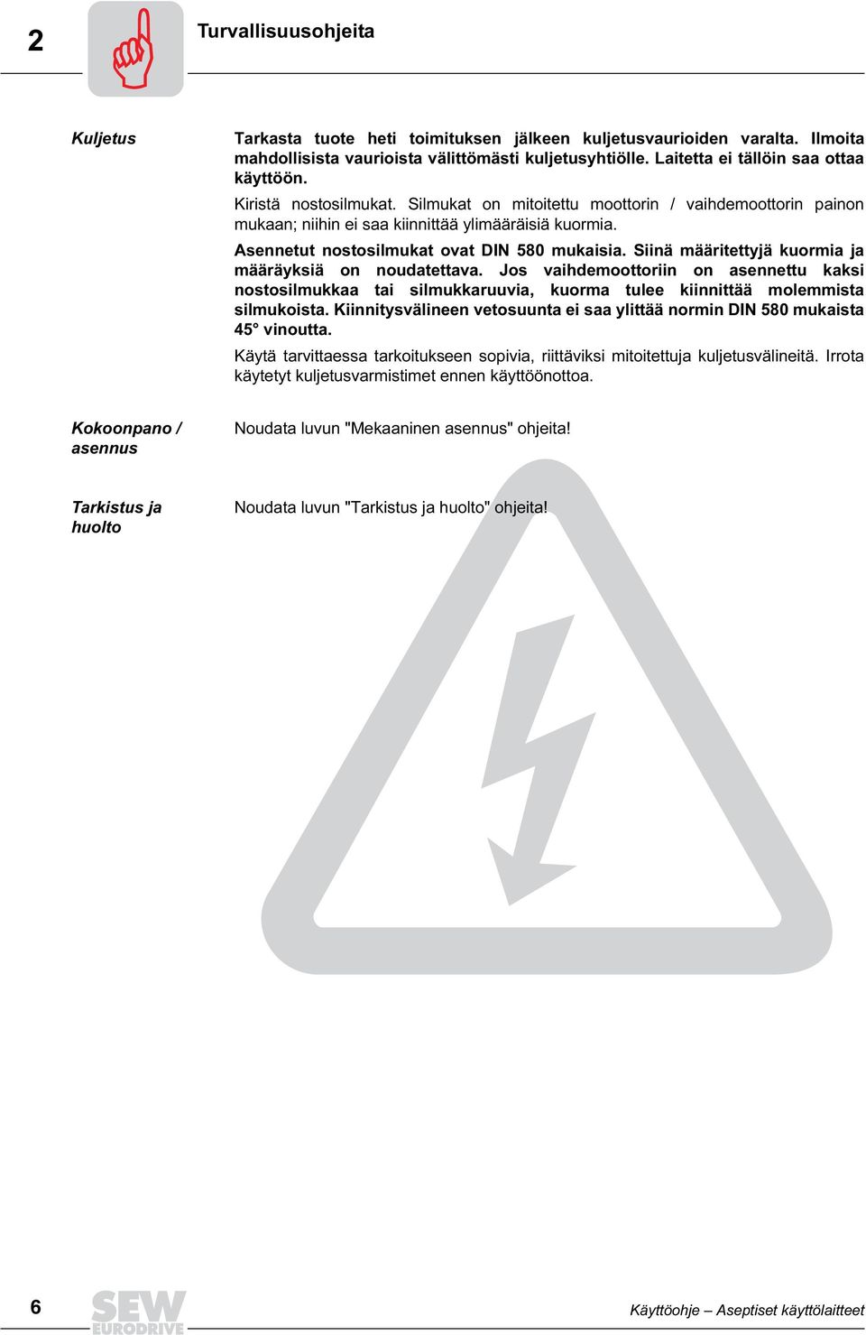 Asennetut nostosilmukat ovat DIN 580 mukaisia. Siinä määritettyjä kuormia ja määräyksiä on noudatettava.