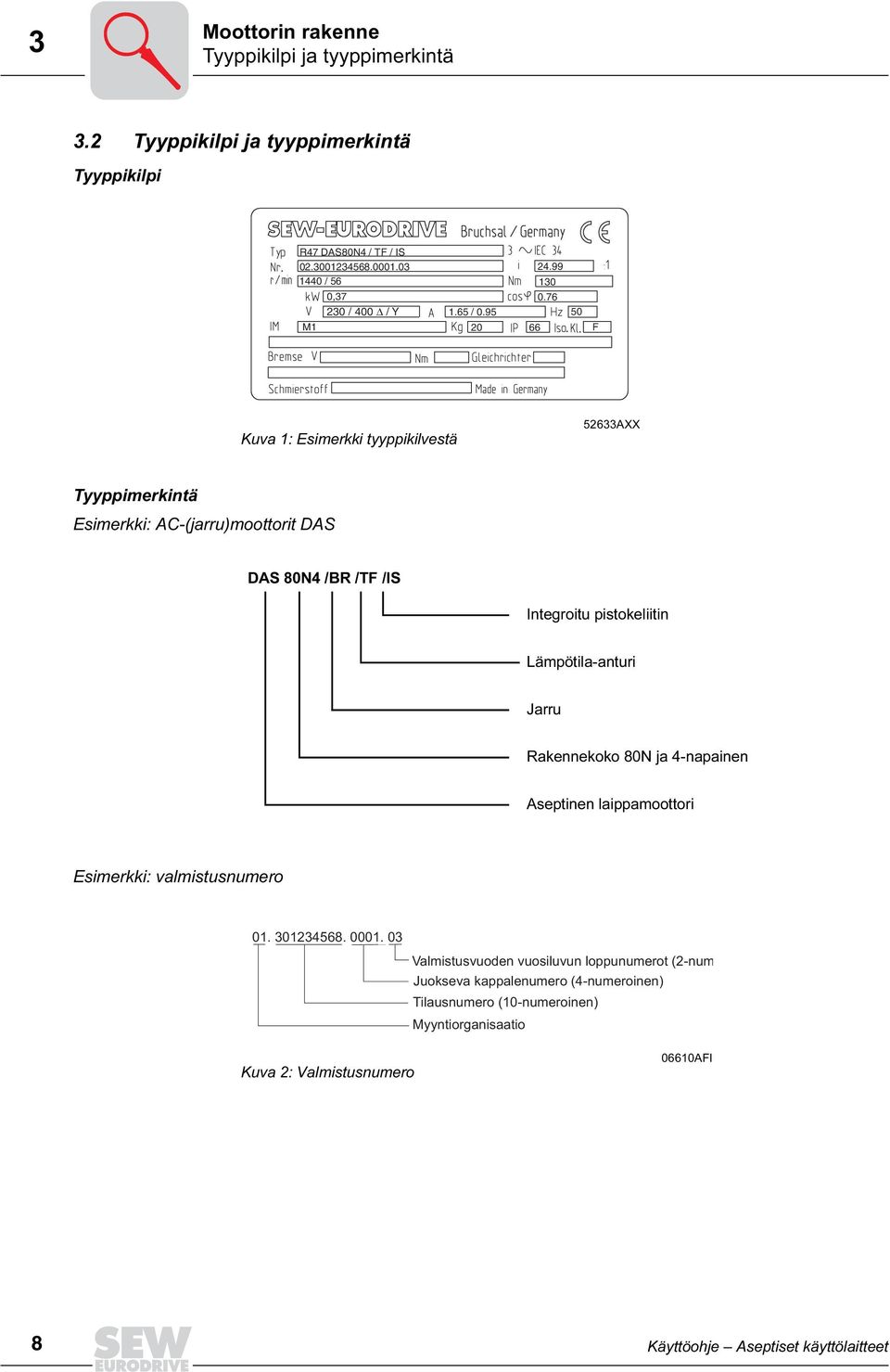 95 50 M1 20 66 F Kuva 1: Esimerkki tyyppikilvestä 52633AXX Tyyppimerkintä Esimerkki: AC-(jarru)moottorit DAS DAS 80N4 /BR /TF /IS Integroitu pistokeliitin