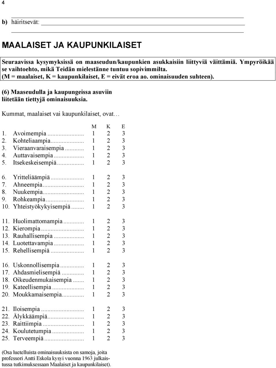 Kummat, maalaiset vai kaupunkilaiset, ovat M K E 1. Avoimempia... 1 2 3 2. Kohteliaampia... 1 2 3 3. Vieraanvaraisempia... 1 2 3 4. Auttavaisempia... 1 2 3 5. Itsekeskeisempiä... 1 2 3 6.