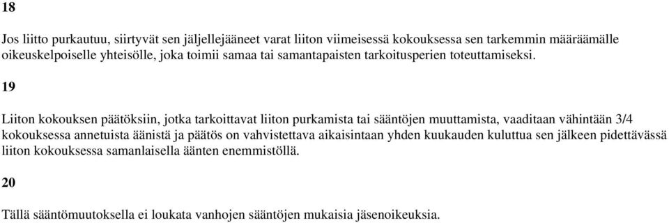 19 Liiton kokouksen päätöksiin, jotka tarkoittavat liiton purkamista tai sääntöjen muuttamista, vaaditaan vähintään 3/4 kokouksessa annetuista