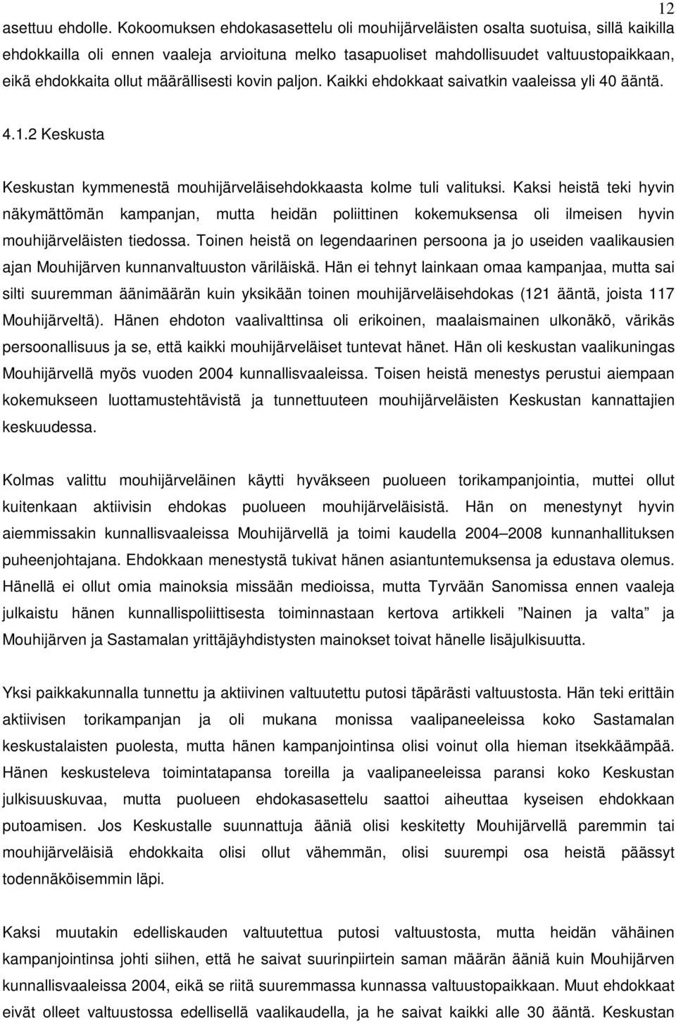 määrällisesti kovin paljon. Kaikki ehdokkaat saivatkin vaaleissa yli 40 ääntä. 4.1.2 Keskusta Keskustan kymmenestä mouhijärveläisehdokkaasta kolme tuli valituksi.