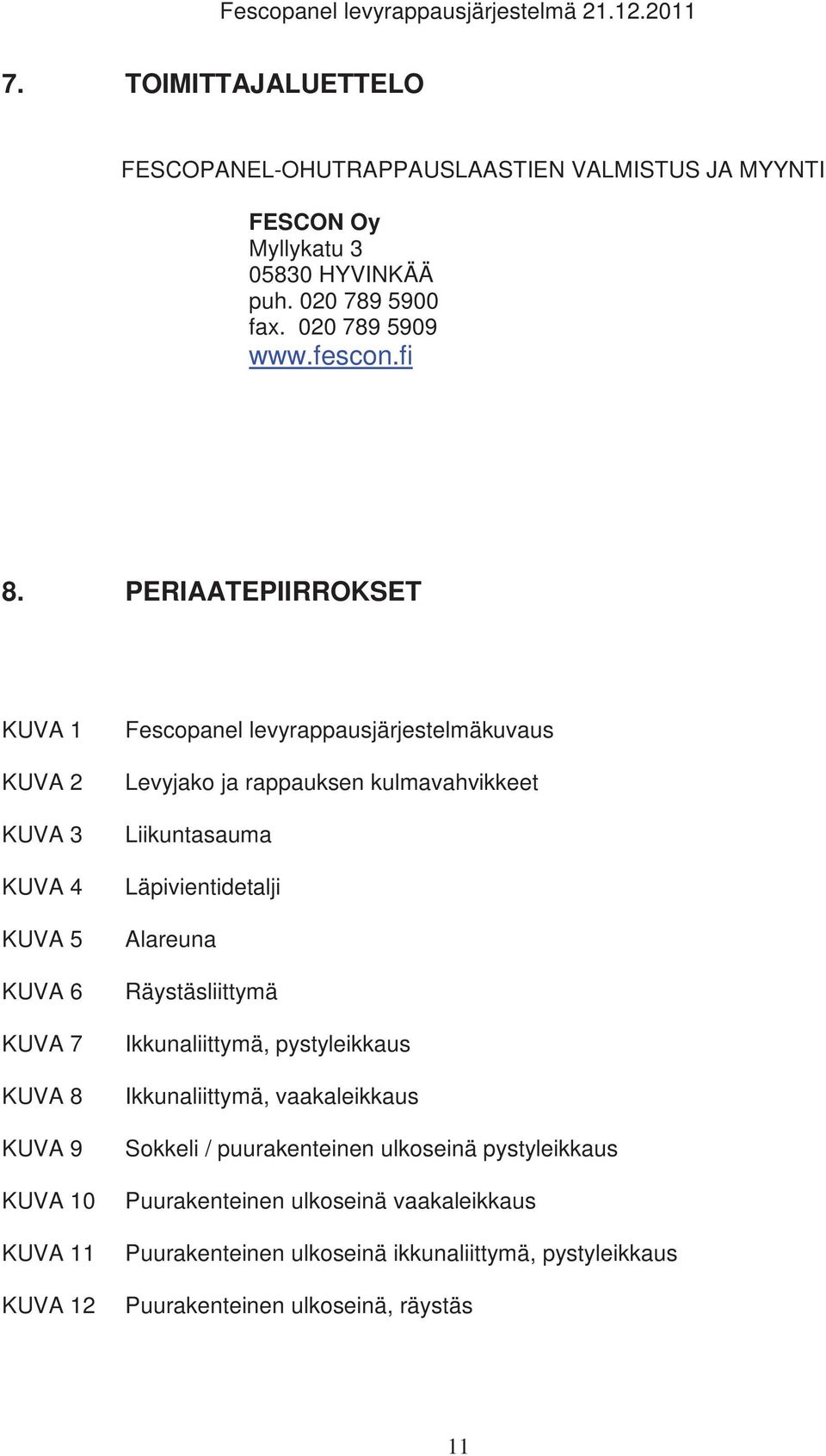 PERIAATEPIIRROKSET KUVA 1 KUVA 2 KUVA 3 KUVA 4 KUVA 5 KUVA 6 KUVA 7 KUVA 8 KUVA 9 KUVA 10 KUVA 11 KUVA 12 Fescopanel levyrappausjärjestelmäkuvaus Levyjako ja rappauksen