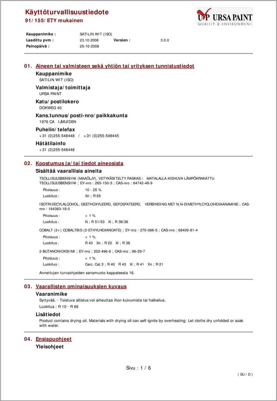 Koostumus ja/tai tiedot aineosista Sisältää vaarallisia aineita TEOLLISUUSBENSIINI (MAAÖLJY), VETYKÄSITELTY RASKAS / MATALALLA KIEHUVA LÄMPÖKRAKATTU TEOLLISUUSBENSIINI ; EY-nro : 265-150-3 ; CAS-nro