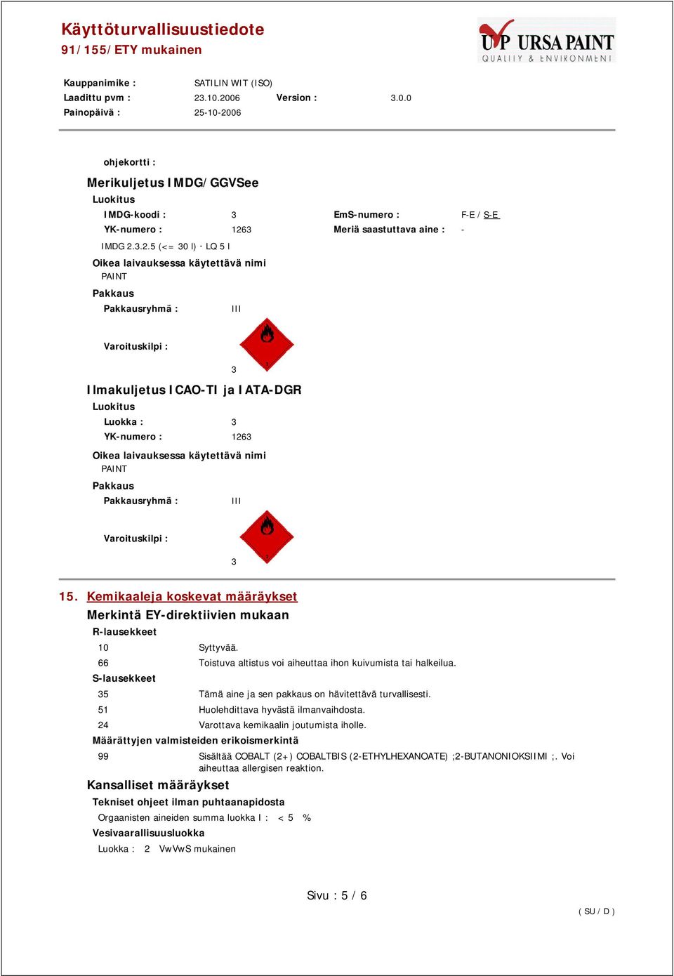 3.2.5 (<= 30 l) LQ 5 l Oikea laivauksessa käytettävä nimi PAINT Pakkaus Pakkausryhmä : III Varoituskilpi : Ilmakuljetus ICAO-TI ja IATA-DGR Luokitus Luokka : 3 YK-numero : 1263 Oikea laivauksessa