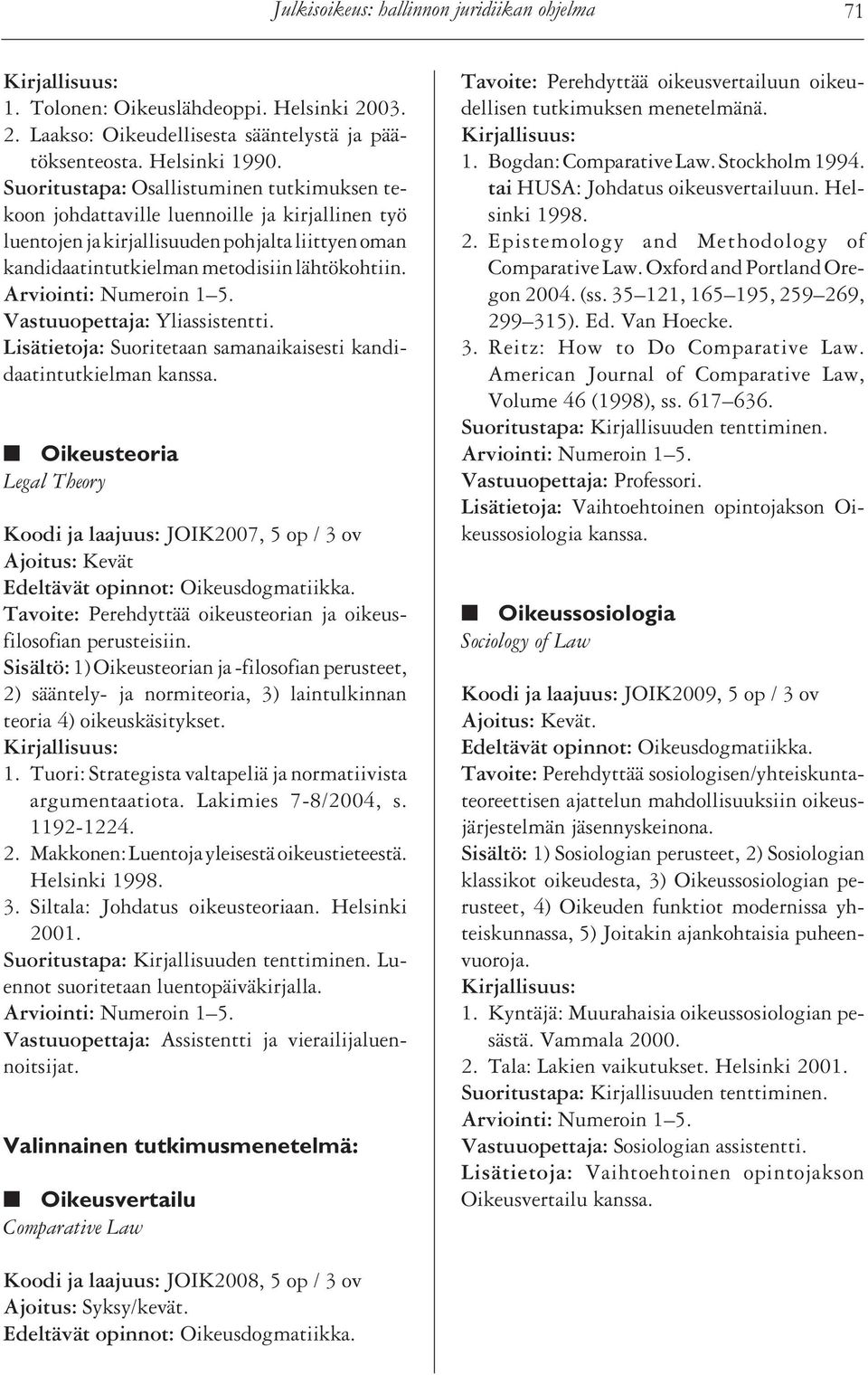 Lisätietoja: Suoritetaan samanaikaisesti kandidaatintutkielman kanssa. Oikeusteoria Legal Theory Koodi ja laajuus: JOIK2007, 5 op / 3 ov Ajoitus: Kevät Edeltävät opinnot: Oikeusdogmatiikka.