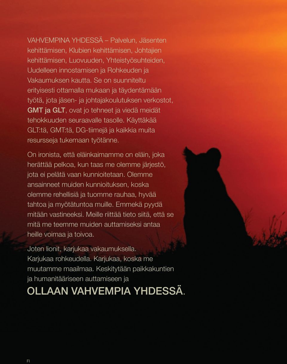 Käyttäkää GLT:tä, GMT:tä, DG-tiimejä ja kaikkia muita resursseja tukemaan työtänne.