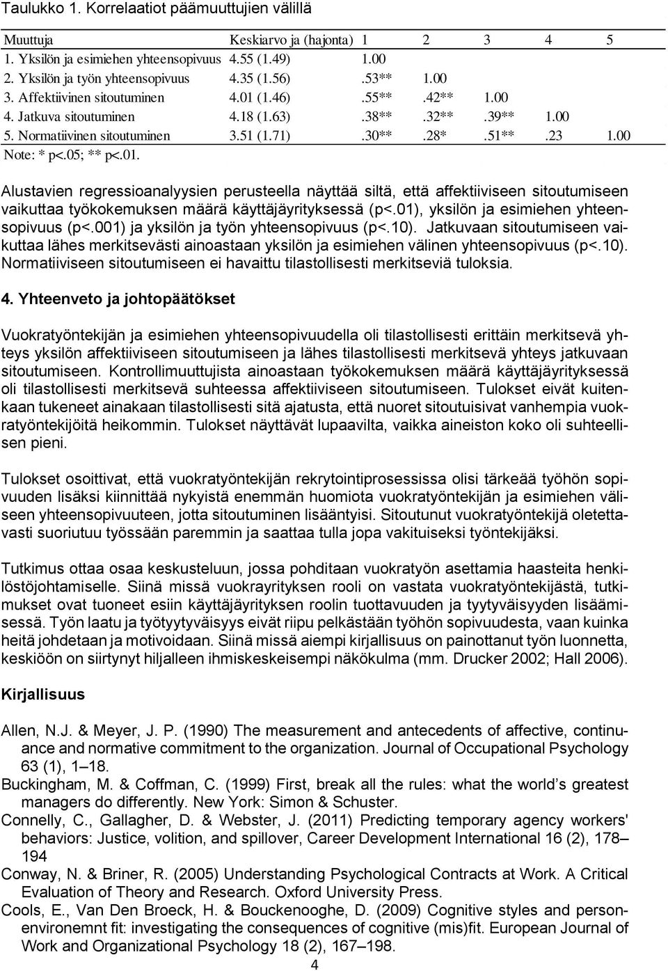 05; ** p<.01. Alustavien regressioanalyysien perusteella näyttää siltä, että affektiiviseen sitoutumiseen vaikuttaa työkokemuksen määrä käyttäjäyrityksessä (p<.