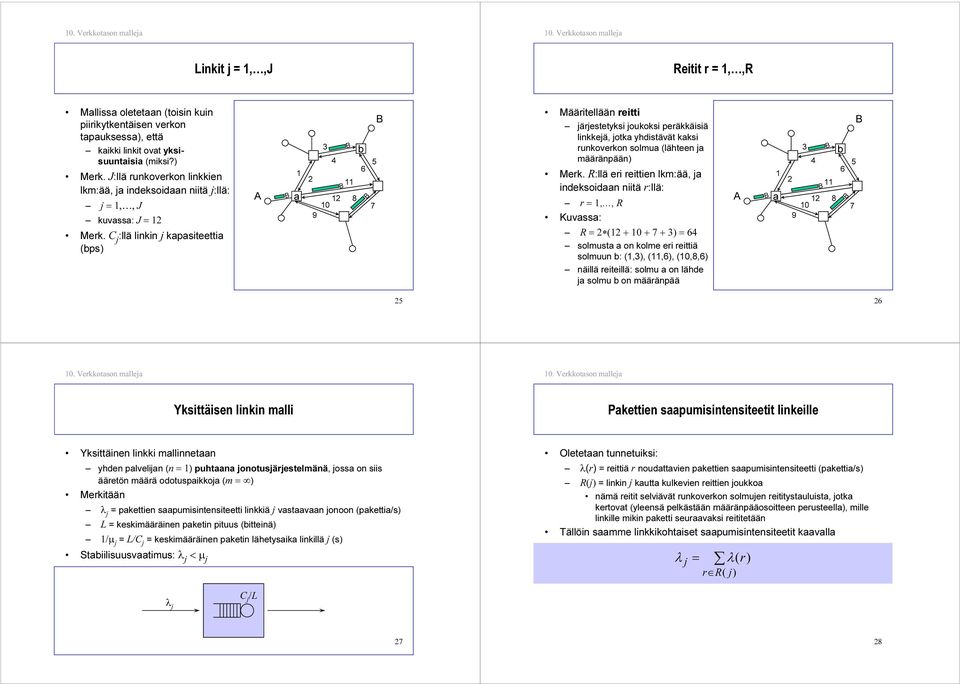 C j :llä linkin j kpsiteetti (ps) 0 9 8 7 Määritellään reitti järjestetyksi joukoksi peräkkäisiä linkkejä, jotk yhdistävät kksi runkoverkon solmu (lähteen j määränpään) Merk.