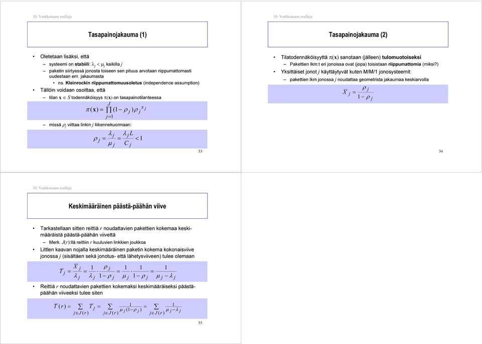 Kleinrockin riippumttomuusoletus (independence ssumption) Tällöin voidn osoitt, että tiln x S todennäköisyys π(x) on tspinotilnteess J x π ( x) ( ρ j j ) ρ j j missä ρ j viitt linkin j