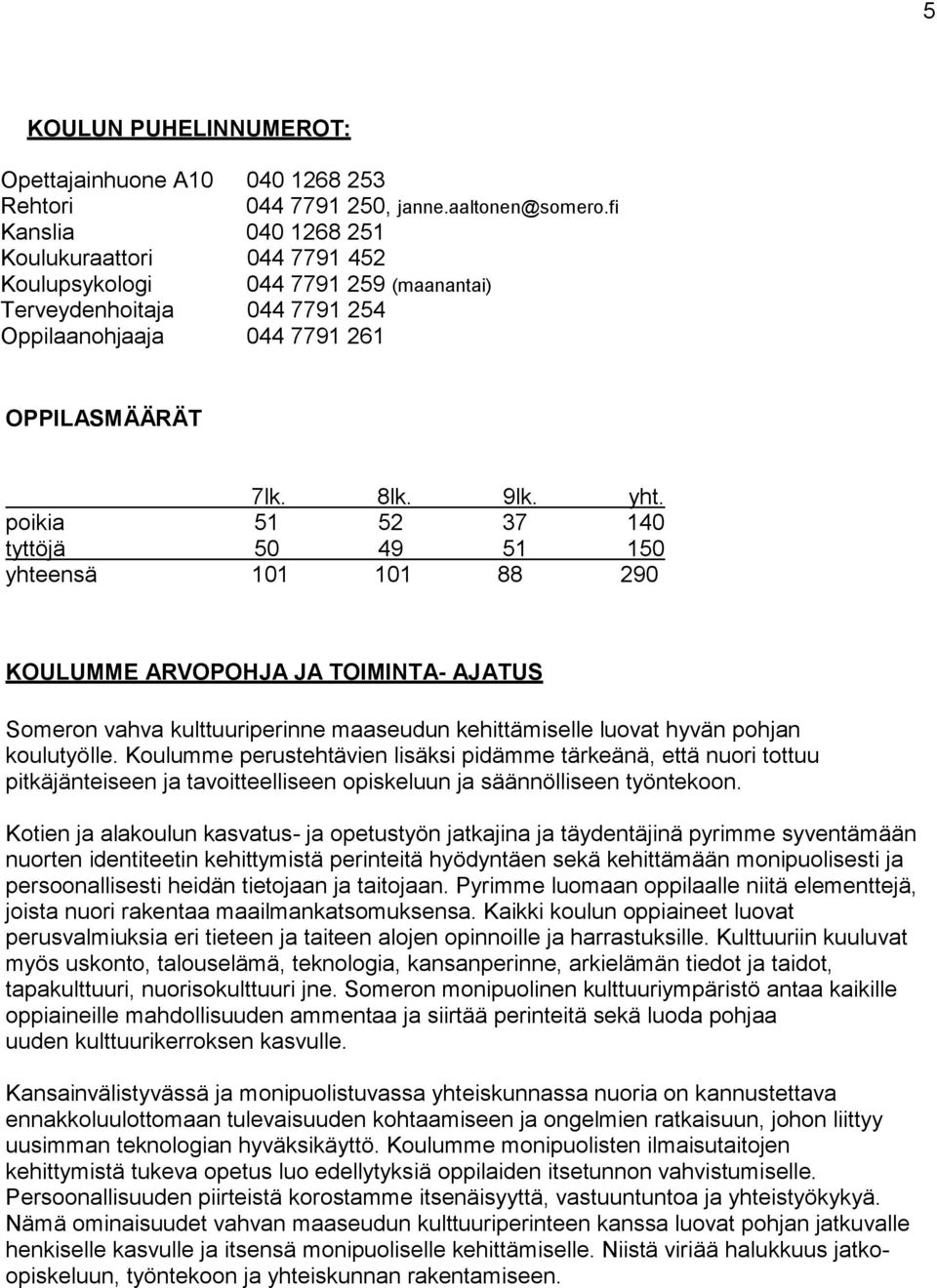 poikia 51 52 37 140 tyttöjä 50 49 51 150 yhteensä 101 101 88 290 KOULUMME ARVOPOHJA JA TOIMINTA- AJATUS Someron vahva kulttuuriperinne maaseudun kehittämiselle luovat hyvän pohjan koulutyölle.