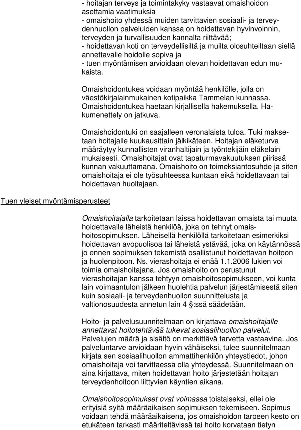 myöntämisen arvioidaan olevan hoidettavan edun mukaista. Omaishoidontukea voidaan myöntää henkilölle, jolla on väestökirjalainmukainen kotipaikka Tammelan kunnassa.