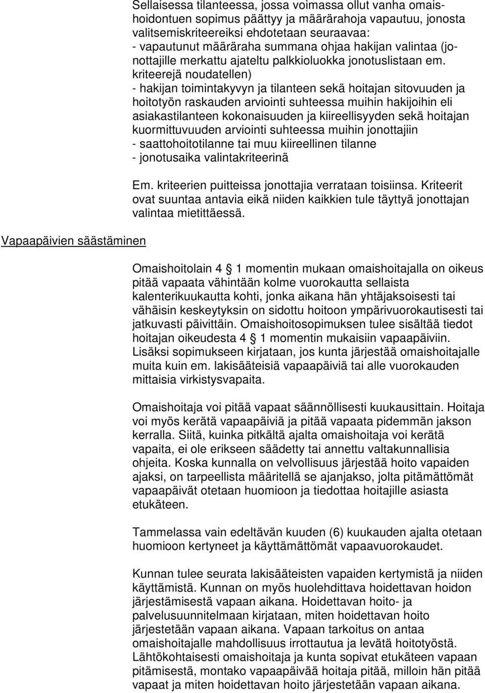 kriteerejä noudatellen) - hakijan toimintakyvyn ja tilanteen sekä hoitajan sitovuuden ja hoitotyön raskauden arviointi suhteessa muihin hakijoihin eli asiakastilanteen kokonaisuuden ja