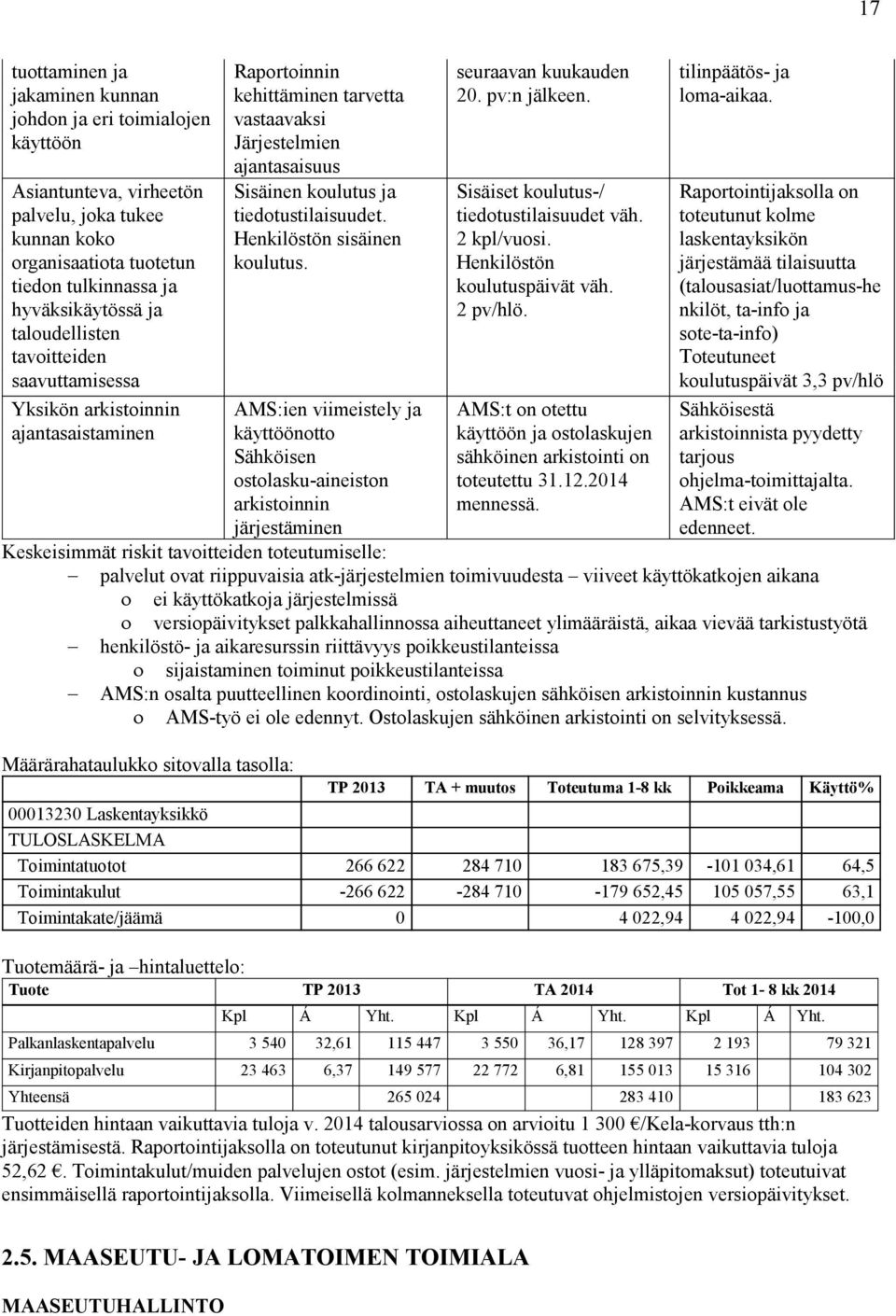 Henkilöstön sisäinen koulutus. AMS:ien viimeistely ja käyttöönotto Sähköisen ostolasku-aineiston arkistoinnin järjestäminen seuraavan kuukauden 20. pv:n jälkeen.