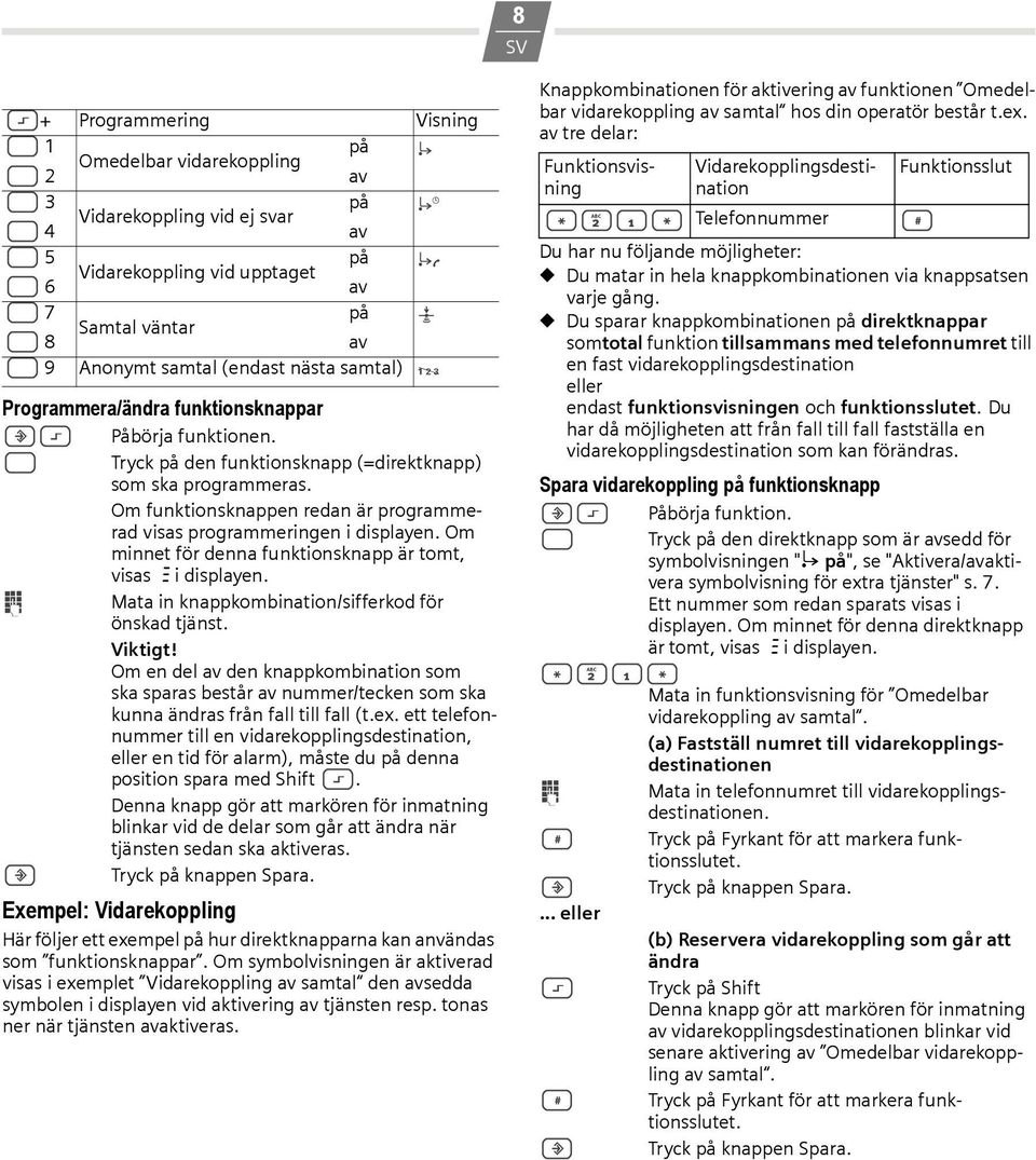 Om funktionsknappen redan är programmerad visas programmeringen i displayen. Om minnet för denna funktionsknapp är tomt, visas z i displayen. o Mata in knappkombination/sifferkod för önskad tjänst.