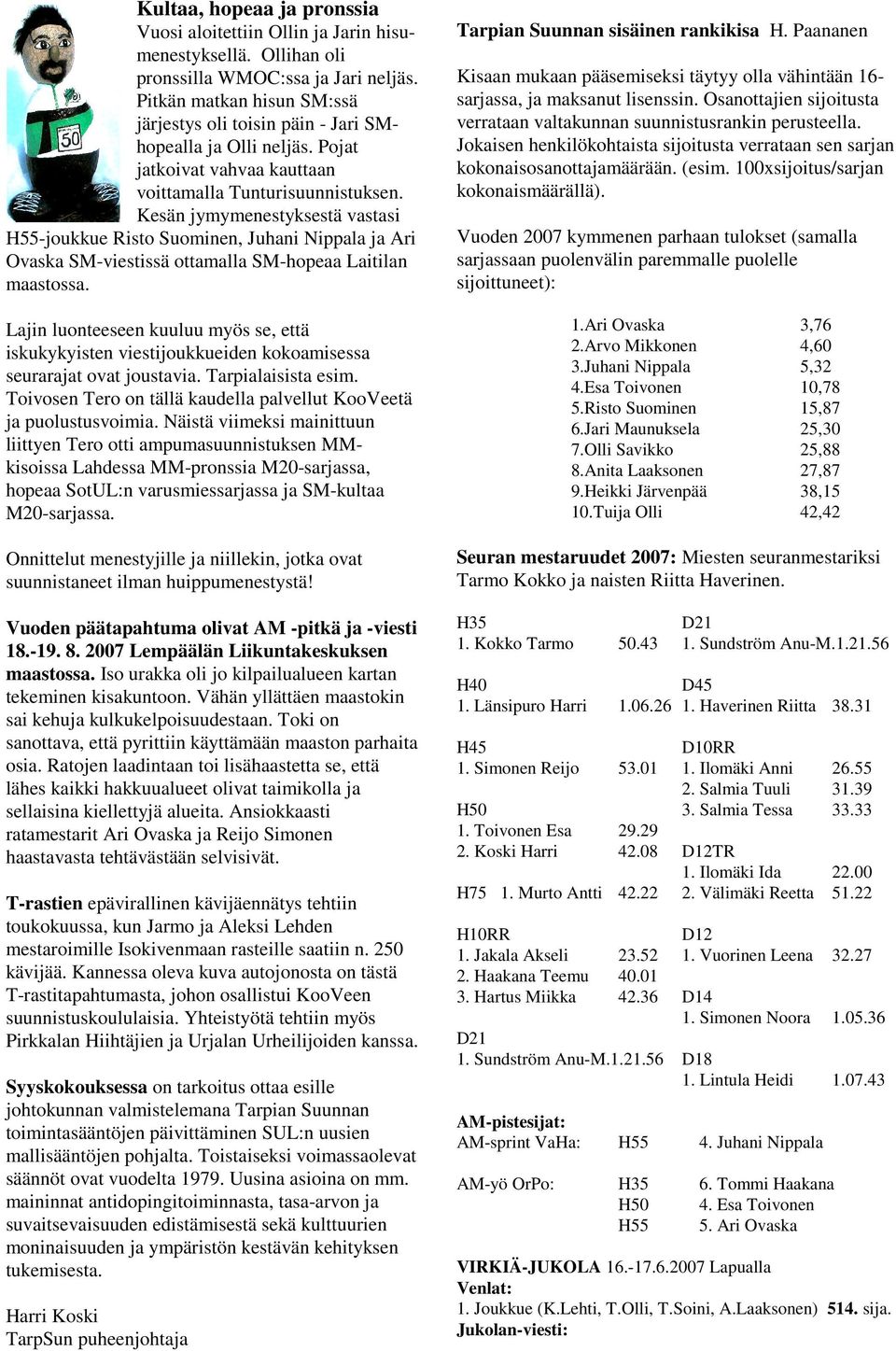 Kesän jymymenestyksestä vastasi H55-joukkue Risto Suominen, Juhani Nippala ja Ari Ovaska SM-viestissä ottamalla SM-hopeaa Laitilan maastossa.