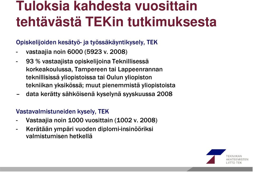Oulun yliopiston tekniikan yksikössä; muut pienemmistä yliopistoista data kerätty sähköisenä kyselynä syyskuussa 2008