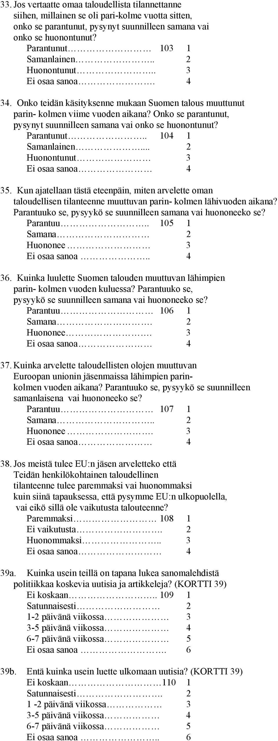 Onko se parantunut, pysynyt suunnilleen samana vai onko se huonontunut? Parantunut.. 104 1 Samanlainen... 2 Huonontunut 3 Ei osaa sanoa 4 35.