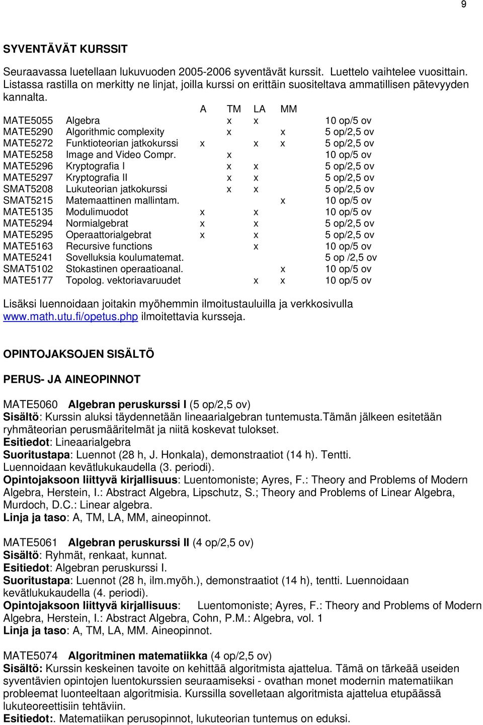 A TM LA MM MATE5055 Algebra x x 10 op/5 ov MATE5290 Algorithmic complexity x x /2,5 ov MATE5272 Funktioteorian jatkokurssi x x x /2,5 ov MATE5258 Image and Video Compr.