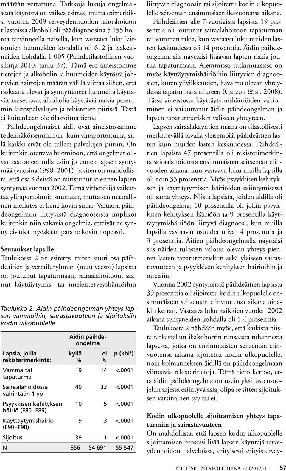 vastaava luku laittomien huumeiden kohdalla oli 612 ja lääkeaineiden kohdalla 1 005 (Päihdetilastollinen vuosikirja 2010, taulu 37).