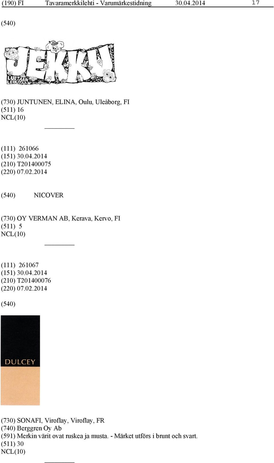 2014 NICOVER (730) OY VERMAN AB, Kerava, Kervo, FI (511) 5 (111) 261067 (210) T201400076 (220) 07.02.